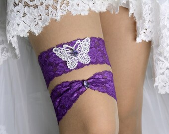 Wedding Garter Set Purple Lace Rhienstones For Bride, Set of Garter, Bridal Garter Violet, Bridal Garter Set, Garter Butterfly, Toss Garter