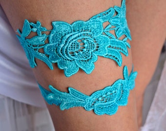 Wedding Garter P eal Lace Bride Garter Set Wedding Garter Belt, Bridal Garter Set Teal Wedding Gift Teal Garters, Lace Garter Something Blue