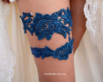 Wedding Dark Teal Blue Garter Set Unique Bridal Garter, Teal Blue Lace Bridal Garter, Handmade Something Blue, Toss Keepsake Garter Set Blue