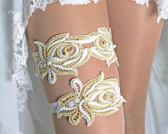 Gold and White Lace Applique Wedding Garter Set For Bride, Garters Gold, Garter Set Lace, Wedding Garter, Lace Garter Gold, Garter Set Gold