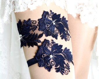 Very Dark Blue Lace Wedding Garter Set, Bridal Garter, Wedding Garter Set, Dark Blue Garter, Wedding Garters, Lace Garters, Blue Garter Set