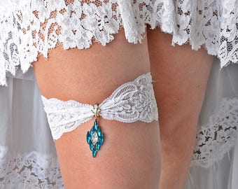 Turquoise Rhinestones Wedding Garter Set For Bride, White Garter Bridal Garter Set, Teal Blue Garter, Crystal Garter Set, White lace Garter