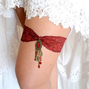 Burgundy Wine Wedding Garter Set, Burdundy Bridal Lace Garter Belt, Dark Red Garter Set, Vintage Rhinestones, Dual Crystal Toss, Keepsake image 1