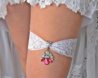 Pink & Silver Rhinestone Wedding Garters For Brides, Fuchsia Garter Set, White Bridal Clothing, Garters Pink Flower Garter , Garter Belt Set