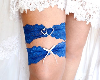 Royal Blue Heart Rhinestones Wedding Garter Set, Blue Lace Handmade Garters Blue Garter Set Belt Lingerie Garter Something Blue, Plus Size