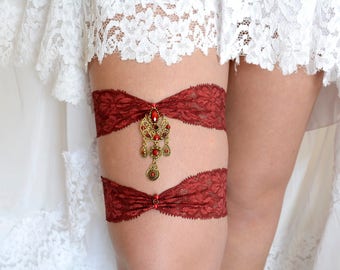 Burgundy Wine Wedding Garter Set, Burdundy Bridal Lace Garter Belt, Dark Red Garter Set, Vintage Rhinestones, Dual Crystal Toss, Keepsake