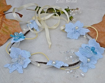 Pale Blue Lace Flowers Bridal Bohemian Crown Hair Piece, Bohemian Wedding Headband Bridal Hair Crown, Lace Wedding Tiaras Bridal Αccessories