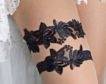 Wedding Garter Gothic Stile Black Lace Bride Set Garter Wedding Blue Pearl Garter Black Wedding Bridal Clothing Black Lace Garter Set Bride