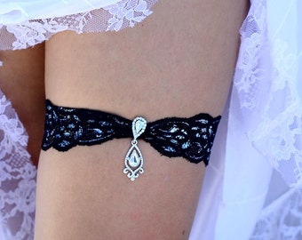 Black Silver Garter Set For Wedding Lace Bridal Garter, Rhinestone Garter, Black Bridal Garter, Handmade Black Garters Set Gifts For Brides