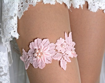 Baby Pink Flower Lace Wedding Garter Set Beaded For Bride, Wedding Garter, Bridal Garter Pink Garters Set, Ivory Toss Garter Lace Garter Set