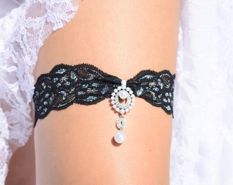 Black Silver Lace Garter Bridal Garter Set, Beaded Rhinestone Jewelry Garter, Black Bridal Handmade Garter, Black Garter Set Gift Bridal