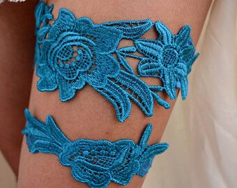 Wedding Garter Teal Blue Lace Bridal Garter, Blue Lace Bridal Garter Set, Something Blue Wedding Garter Blue Set Elegant Classic Garter Belt