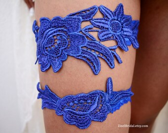 Cobalt Blue Wedding Garter Set For Brides, Blue Lace Wedding Garter Set, Something Blue Wedding Garter Blue, Personalized Color Lace Garters