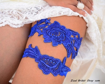 Cobalt Blue Floral Lace Wedding Garter Set For Brides, Wedding Garter Royal Blue Lace, Blue Lace Garters Something Blue For Wedding Clothing