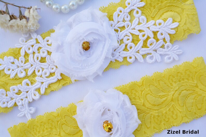 Yellow Lace White Flower Wedding Garter Set, Yellow Stretch Lace Bridal