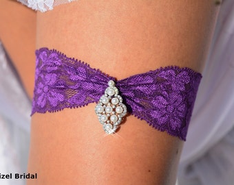 Wedding Garter Set Purple Lace For Brides Garter, Purple Color Garters Beaded Rhinestone Garter, Keepsake Wedding Garters Bridal Garter Sets