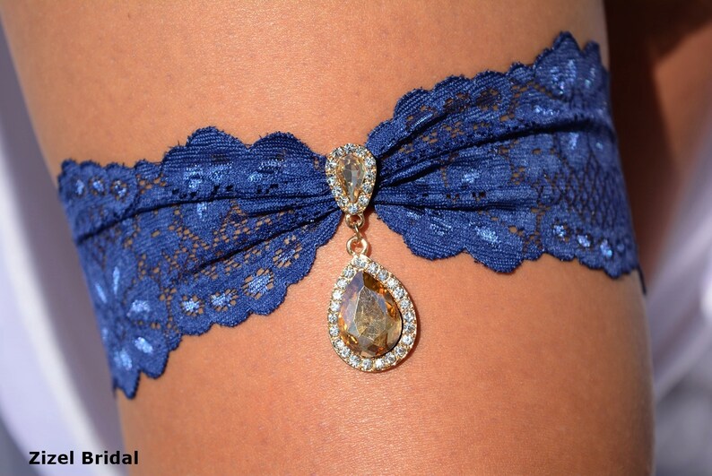 Something Blue For Wedding Gold Garter Blue Wedding Rhinestone Garter Navy Blue Garter lingerie Garter Lace Garter Set Blue Bridal Garter