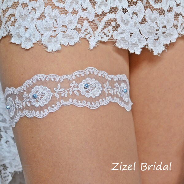 White Lace Trim Pearls Wedding Garter Set, Bridal Garter Set, Keep Wedding Garter, Blue Pearl Wedding Gift White Lace Garter, Something Blue
