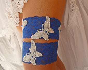 Royal Blue Garter Set Wedding Garter, Blue Lace Butterflies Garter Set, Lace Garter Blue Something Blue, Garter For Wedding Blue For Wedding