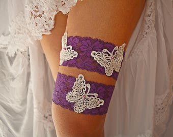 Bridal Garter Purple Brides Garter For Wedding, Bridal Garter Belt Set, Bridal Garter Plus Size, Purple Toss Garter Lace Bridal Garter Pllum