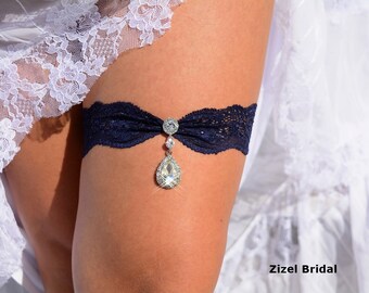 Dark Blue Wedding Garters Blue Garter Set, Blue Lace Garter Bridal Garters, Wedding Garter Set, Rhinestone Garters Wedding Something Blue