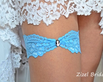 Wedding Garter Sky Blue Lace & Clear Rhinestone, Wedding Bridal Rhinestone Single Garter, Lace Something Blue Toss Garter, Blue lace Garters