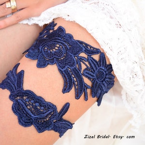 Navy Blue Wedding Garter Set Lace, Wedding Garters Sets Something Blue Garter, Blue Bridal Garter set Navy Blue, Navy Blue Lingerie Wedding image 1