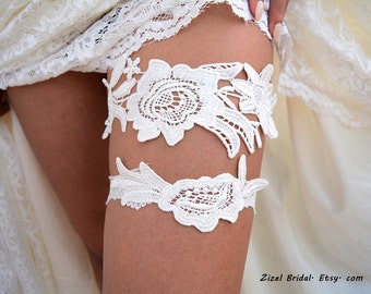 Ivory Wedding Garter Set For Brides, Garter Set Wedding Gift Ivory, Garter Set Wedding Clothing Ivory Lace Flower, Handmade Garters Wedding