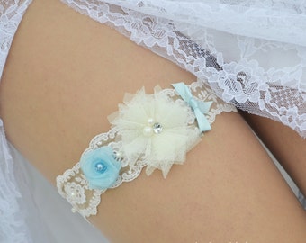 Bridal Garter Set For Boho Wedding Garter Belt Ivory Blue Lace Garter Set, Wedding Garter Blue, Ivory Garter Set , Ivory Lace Garter Wedding