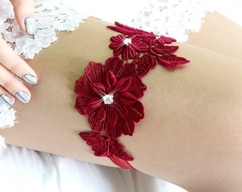 Wedding Burgundy Garter Set For Brides, Wine Wedding Garter, Dark Red Garter Bridal, Wedding Wine Garter Set, Rhinestone Crystal Garter Set