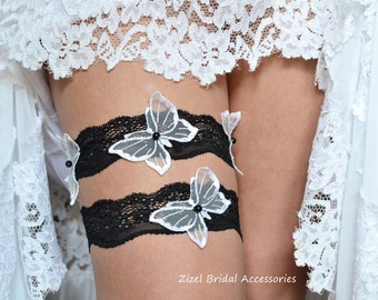 White Black Wedding Garters For Bride, Wedding Garter Set, Black Lace White Butterflies Garter, Bridal Garters White Wedding Handmade Garter