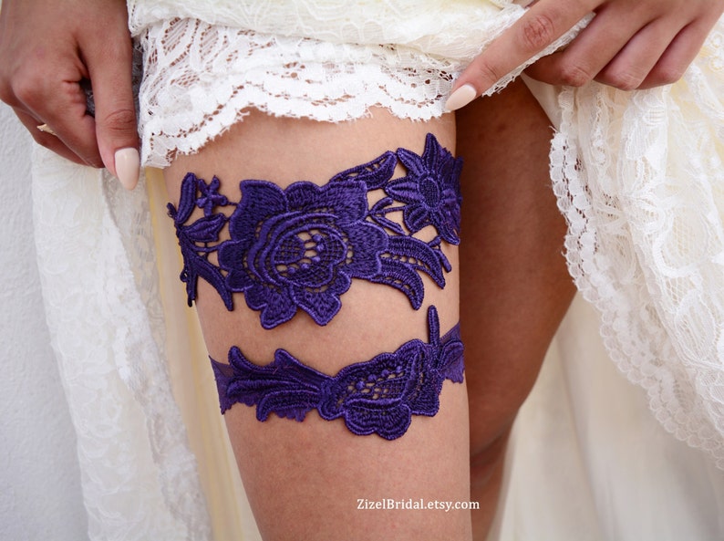 Dark Purple Garter Set Belt Wedding Garter Lace, Purple Lace Bridal Garter Set, Brides Wedding Garter Set Purple, Handmade Garter Set Purple image 3