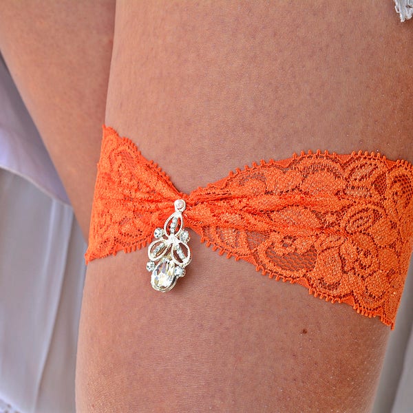 Orange Garter Set For Summer Wedding Lace Garter Orange, Rhinestone Brides Garter Set Belt, Retro Garter Set Wedding, Bridal Jewelry Orang