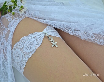 Set Wedding Off White Garter For Bride, Off White Lace Bridal Garter Set, Rhinestone Garter Set Wedding Handmade Garter, Crystal Elegant Set