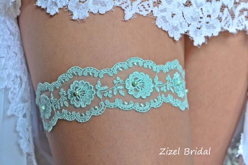 Mint Wedding Garter Set Belt Lace & Pearls, Mint Green Wedding Garter