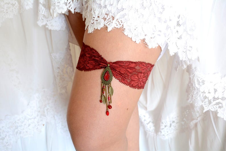 Burgundy Wine Wedding Garter Set, Burdundy Bridal Lace Garter Belt, Dark Red Garter Set, Vintage Rhinestones, Dual Crystal Toss, Keepsake image 1