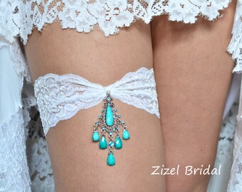 Lace Garter Set Turquoise Garte, Bridal Garter Set Something Blue, Rhinestone Garter Blue Wedding Garter, Handmade Blue Garters For Weddings