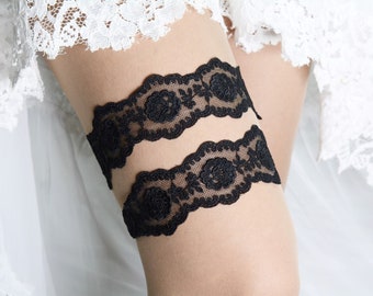 Black Lace bruiloft lingerie Kousenband instellen gordel, bruids Gerters zwart, bruiloft zwart, goth Lace kousenbanden, zwarte gift kousenbanden, Floral toss Kousenband