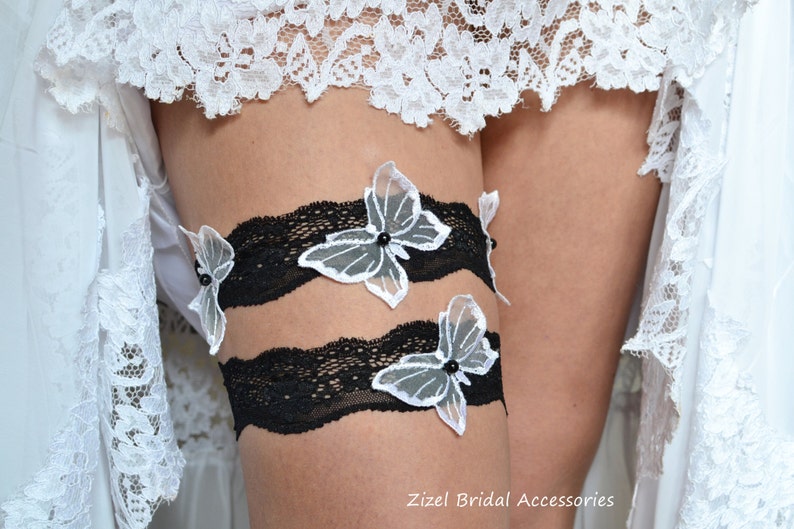 Handmade Garter Butterflies Garter Wedding Garter Set Wedding Garters Bridal Garter Set,White Wedding Garter Black Lace Garte Garter