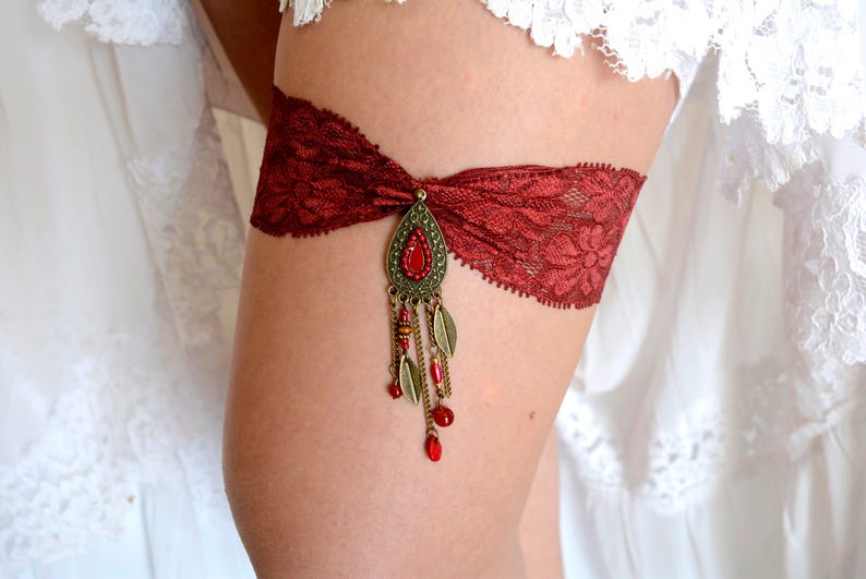 Burgundy Wine Wedding Garter Set, Burdundy Bridal Lace Garter Belt, Dark Red Garter Set, Vintage Rhinestones, Dual Crystal Toss, Keepsake image 2