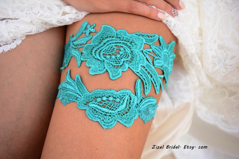 Teal Green Wedding Garter Set For Bride, Flower Lace Green Bridal Garter Teal Set, Wedding Teal Garters Sets, Green Lace Garters For Wedding image 2