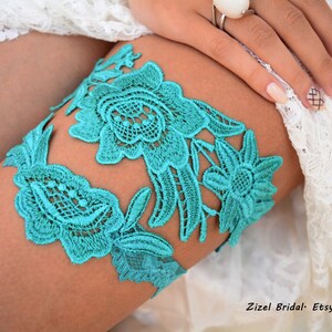 Teal Green Wedding Garter Set For Bride, Flower Lace Green Bridal Garter Teal Set, Wedding Teal Garters Sets, Green Lace Garters For Wedding image 1