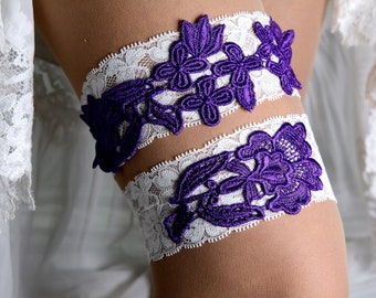 Purple and White Lace Applique Wedding Garter Set For Bride, Garter Purple, Garter Set Lace, Wedding Garter, Lace Garter Purple, Garters Set