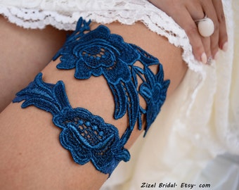 Wedding Garter Set DarkTeal Blue Color Unique Bridal Garter, Lace Flower Bridal Garter, Handmade Garter Something Blue Toss Garter For Bride