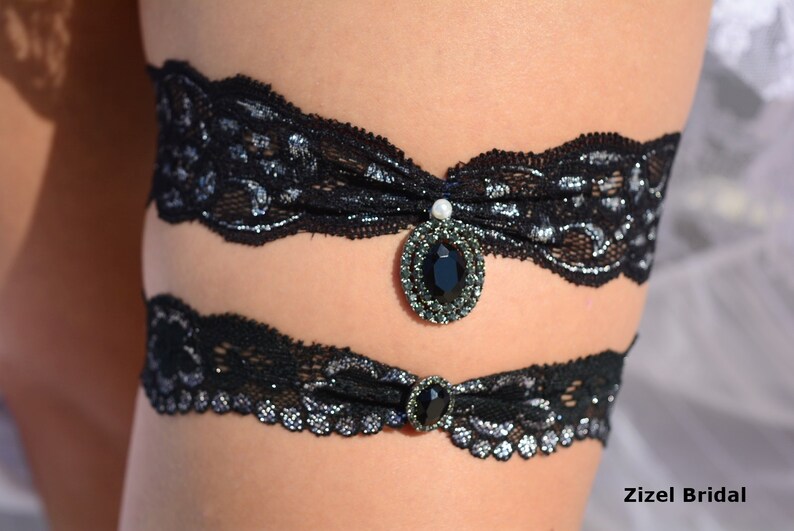 Garter Set Black Lace Garters Bridal Black Goth Rhinestone Garter Bridal Handmade Black Garter Set Elegant Garter Black Silver Toss Garter