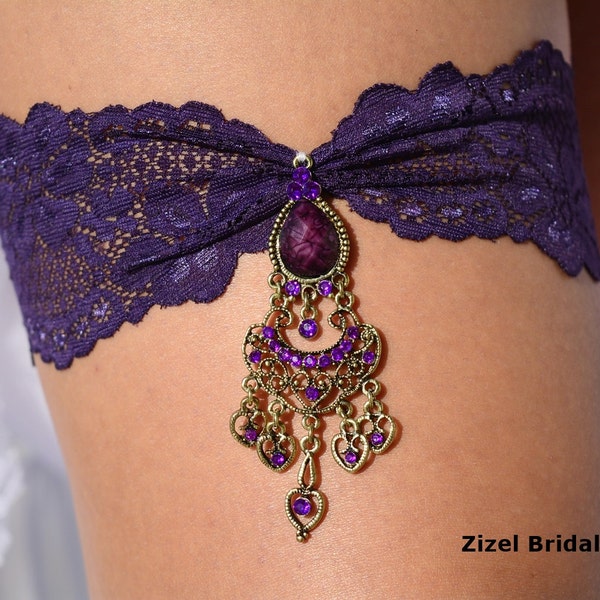 Wedding Purple Garter Set Bridal Antique Rhinestones, Purple Lace Garter Set, Dark Purple Vintage Bridal Garter For Wedding, Eggplant Garter