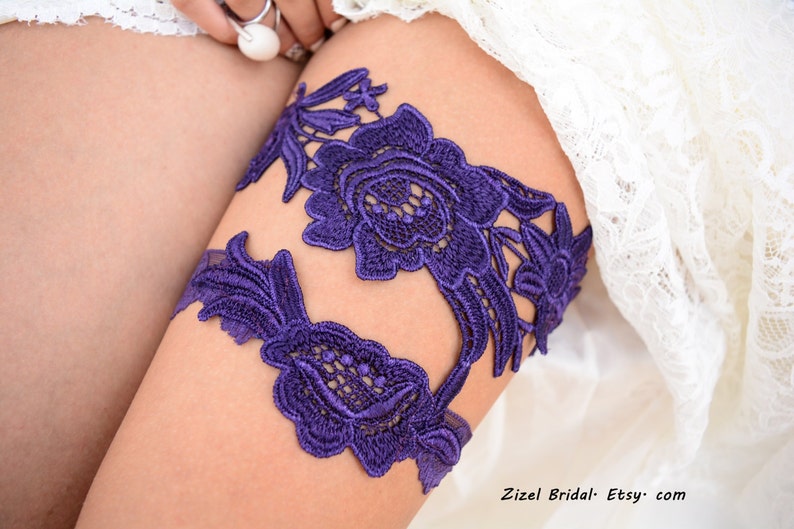 Purple Garter Set Wedding Garter Lace Dark Purple Garter, Lace Garter Set Bridal Garter Purple, Wedding Garter Set Handmade Garters Purple image 2