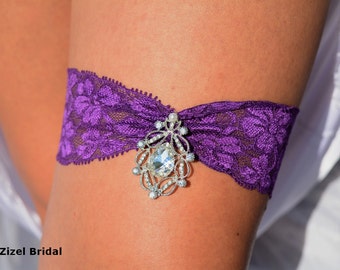 Wedding Garter Purple Lace Clear Silver Rhinestone Bling Glam Garter Set, Wedding Garter Set, Keepsake Wedding Garters, Bridal Garter Purple