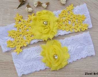 Yellow Garter Wedding Garter Set, Flower Lace Wedding Garter, Bridal Garter Yellow White Wedding Gift, Handmade Bride Gift Bridal Garter Set