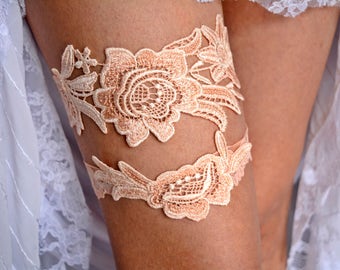 Peach Wedding Lingerie Garter set For Bride, Garter Set Lace Wedding, Peach Bridal Garter Set, Blush Pink Garter Set For Wedding Lace Gifts